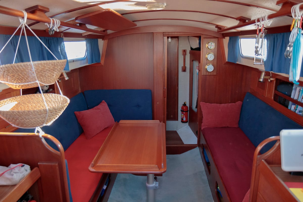 Interior of old Sweden sailing boat, wooden yacht, retro design