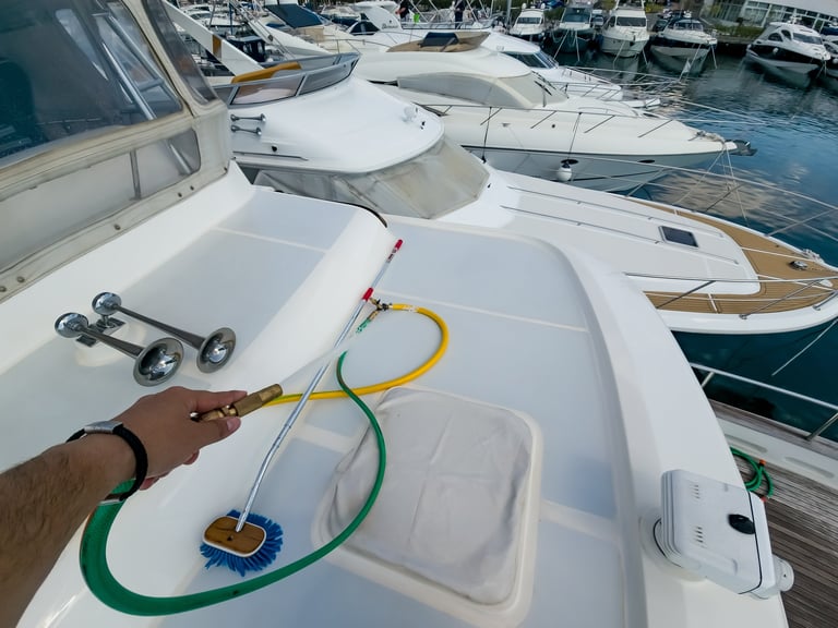 Marine maintenance professional cleaning yacht deck