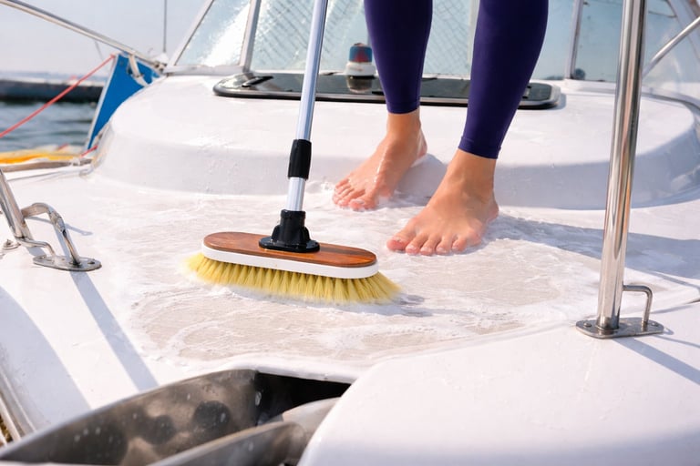 Person barefoot on sailboat deck scrubbing white surface with yellow brush, wearing dark leggings
