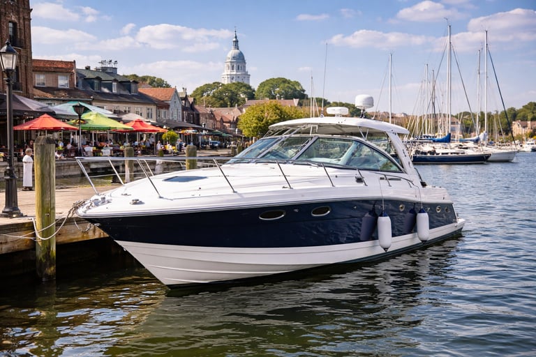White and blue speedboat docked at waterfront with sailboats and capitol building dome in background